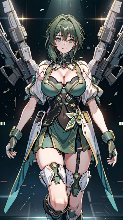 Military green translucent armor，Arm mecha，light blue short hair，Braided hairstyle，Large Breasts，Cleavage，Pistol hanging from wa...
