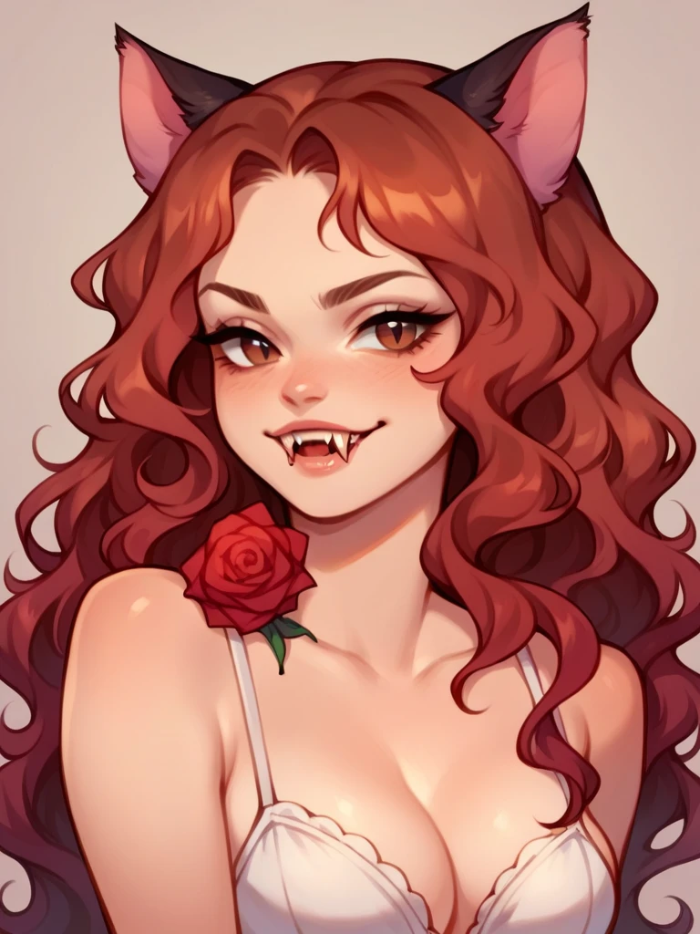  Half body, A pretty woman, long black wavy hair, Brown eyes, unclothed, cat ears and tail, fangs, horns, sexy, and filled the place with red roses.