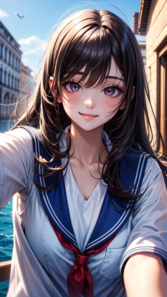 (masterpiece), Highest quality, Ultra-high resolution, Sharp focus, Beautiful woman in sailor suit, Left eye is blue, Red right eye, View your viewers, smile, Part your bangs in the center, Blue long hair