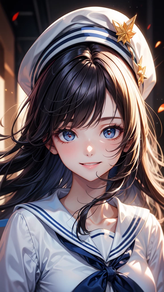 (masterpiece), Highest quality, Ultra-high resolution, Sharp focus, Beautiful woman in sailor suit, Left eye is blue, Red right eye, View your viewers, smile, Part your bangs in the center, Blue long hair