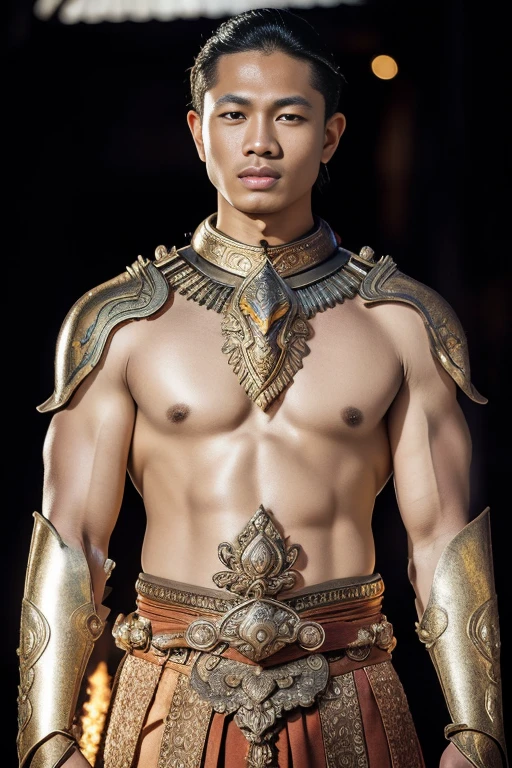 1 homem, um guerreiro masculino durante a era do reino de Majapahit, com um olhar aguçado e corajoso, vestindo armadura de guerra javanesa antiga, mulher do sudeste asiático, Retrato, Templo Prambanan ao fundo, era javanesa antiga, fotografia cinematográfica, (luz quente: 1.2), (vaga-lume: 1.2), luzes, detalhes intrincados, iluminação volumétrica (obra de arte: 1.2), (melhor qualidade), 8K, ultra detalhado, (composição dinâmica: 1.4), Rico em detalhes e cores, (brilho, iluminação atmosférica), rosto delicado lindo detalhado, detalhados lindos olhos delicados, um rosto de proporção perfeita, textura de pele clara, corpo ultra-detalhado