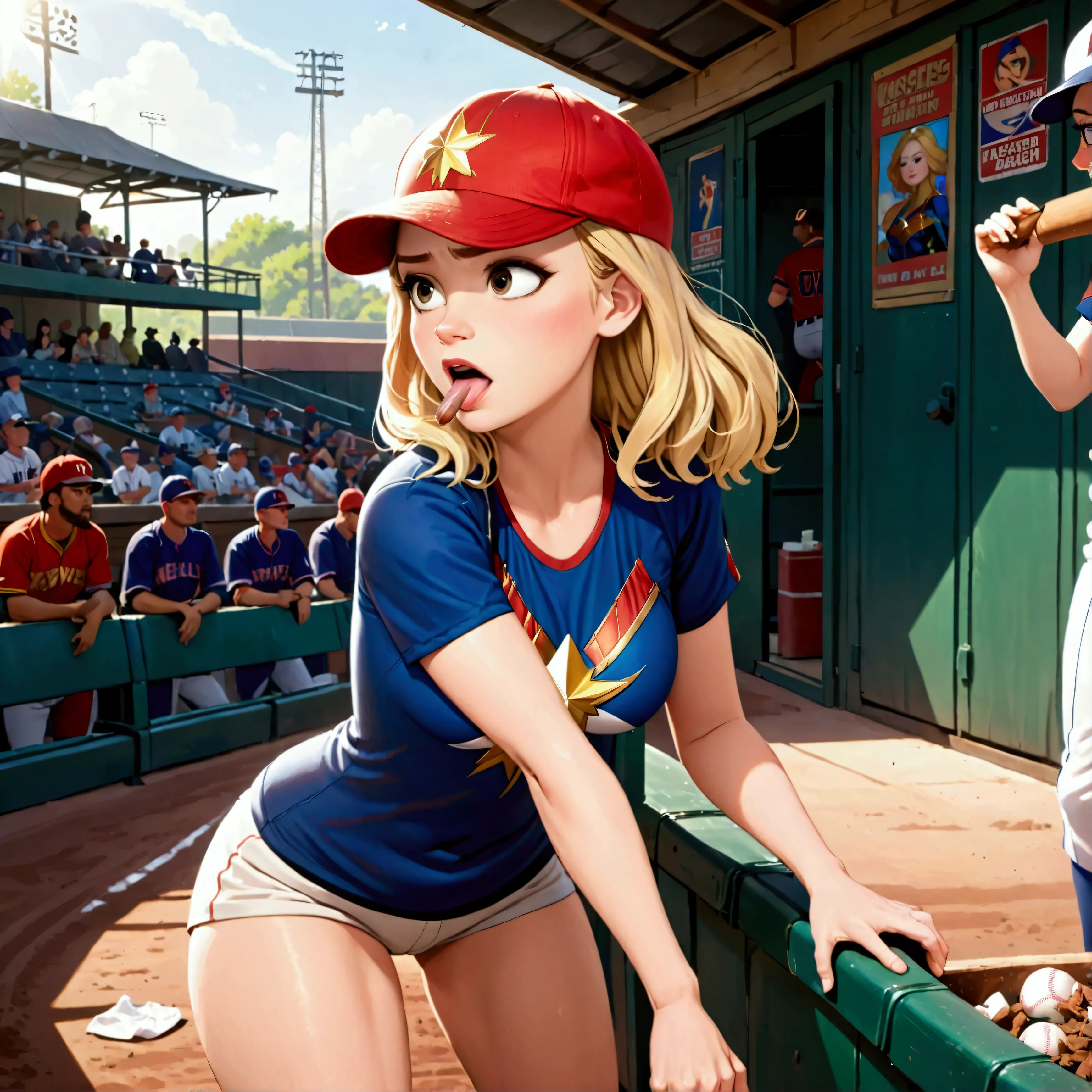 (Brea Larson, age 25, Captain Marvel, baseball cap, chewing tobacco) she is pitching the baseball, crowded dugout, baseball game...