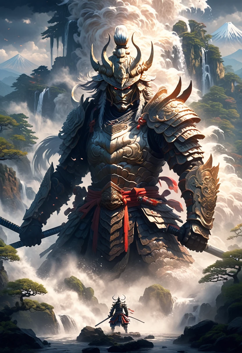 (Pixel art:1.3), (alone:1.3), In a fascinating fantasy scene ((Anthropomorphic Japanese Yamata no Orochi)) Ominous and seductive, Wearing samurai armor, Majestic Mountain々A mysterious landscape with, waterfall, ancient ruins, surround the turkey ((An ominous magical force swirls from the staff.)), (Highest quality, masterpiece, Representative works, Official Art, Professional, unity 8k wallpaper:1.3)