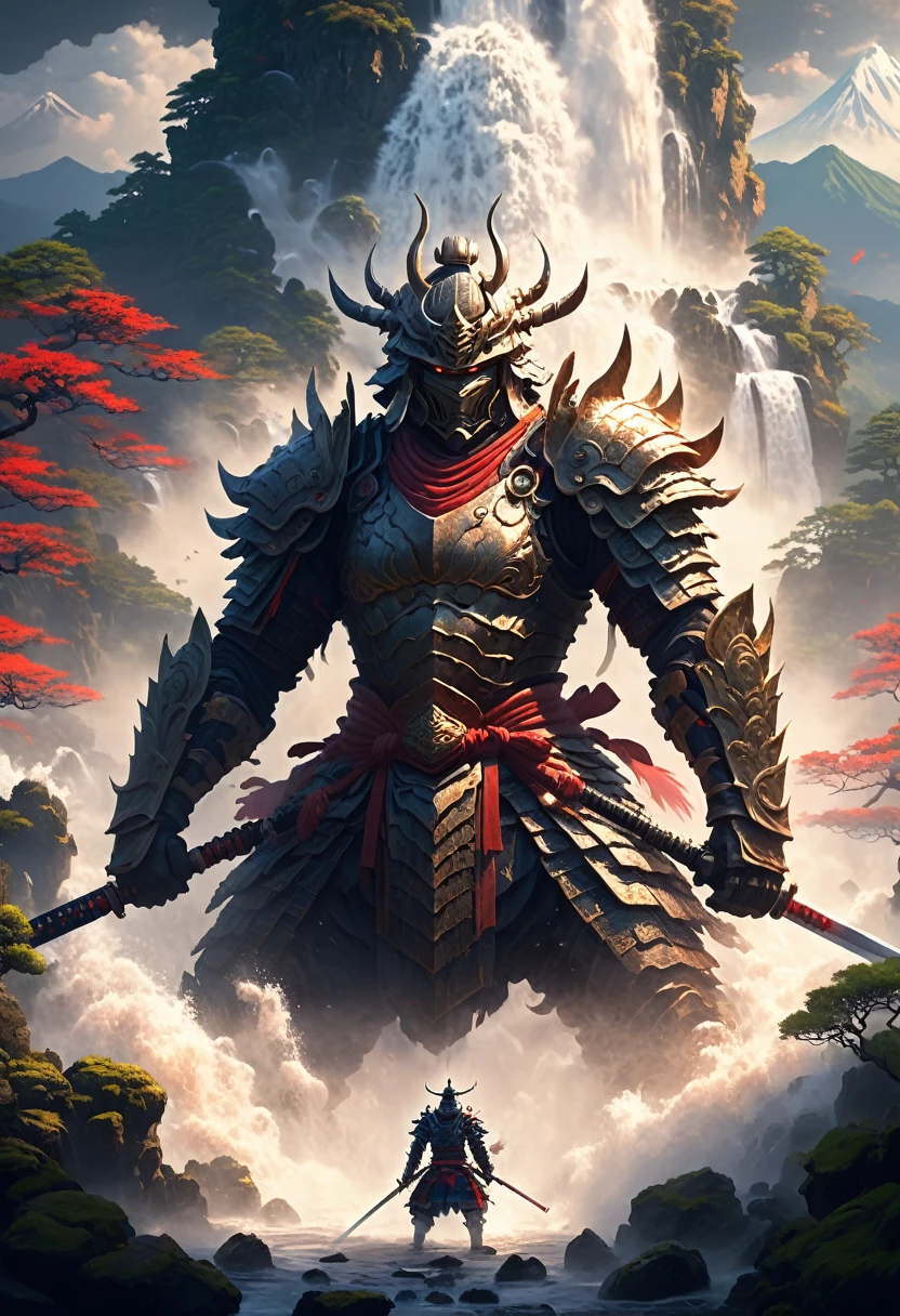 (Pixel art:1.3), (alone:1.3), In a fascinating fantasy scene ((Anthropomorphic Japanese Yamata no Orochi)) Ominous and seductive, Wearing samurai armor, Majestic Mountain々A mysterious landscape with, waterfall, ancient ruins, surround the turkey ((An ominous magical force swirls from the staff.)), (Highest quality, masterpiece, Representative works, Official Art, Professional, unity 8k wallpaper:1.3)