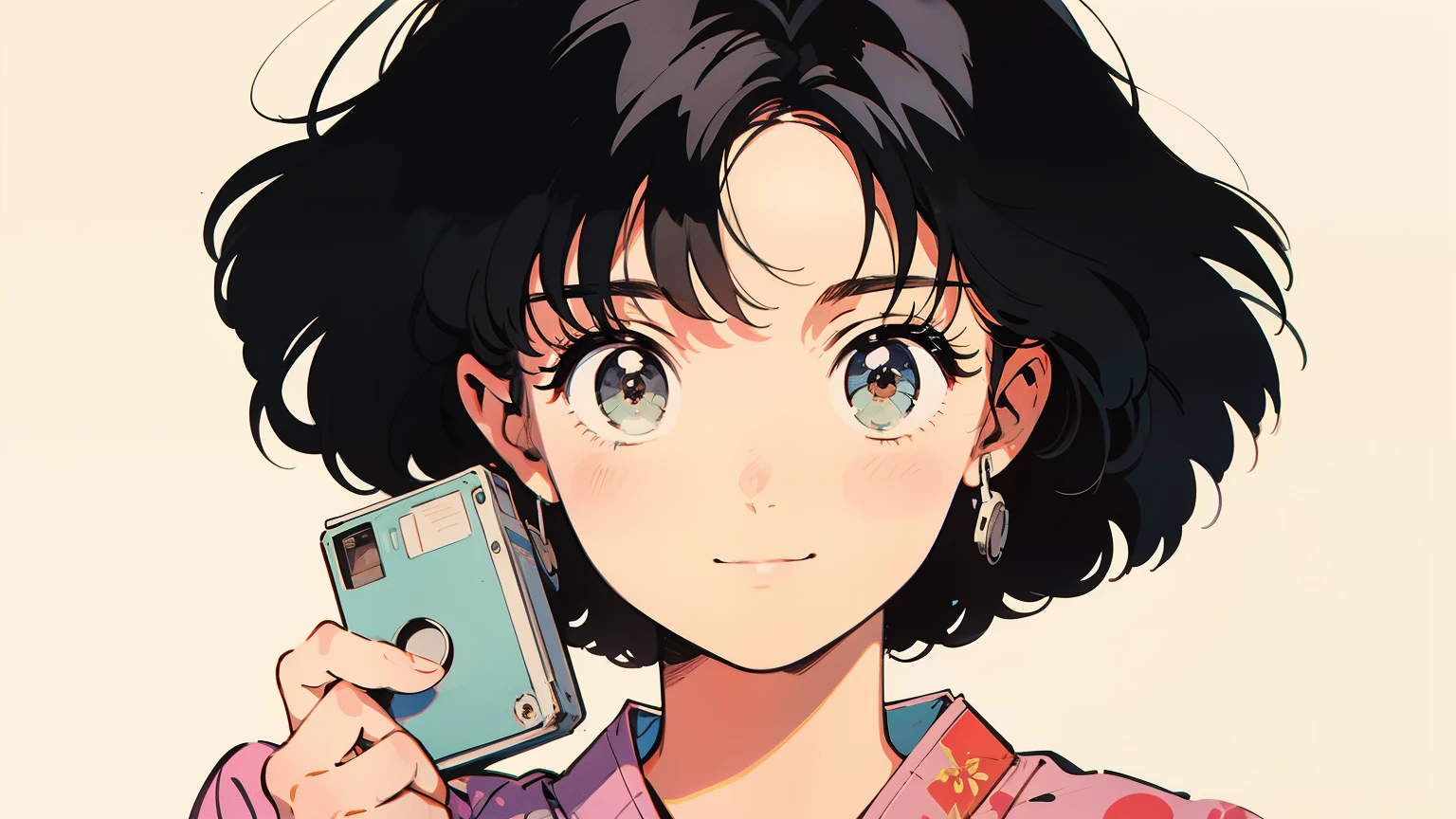 Very beautiful 18 year old Japanese woman holding a cassette tape. wearing japanese yukata
flying butterfly background and the main focus is on the girl and the cassette tape. 
The cassette tape is red and labeled ``1980...''. 
The girl is smiling and holding the cassette up in front of her face.