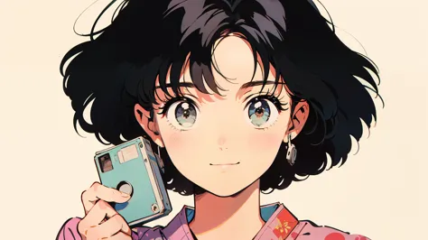 Very beautiful 18 year old Japanese woman holding a cassette tape. wearing japanese yukata
flying butterfly background and the m...