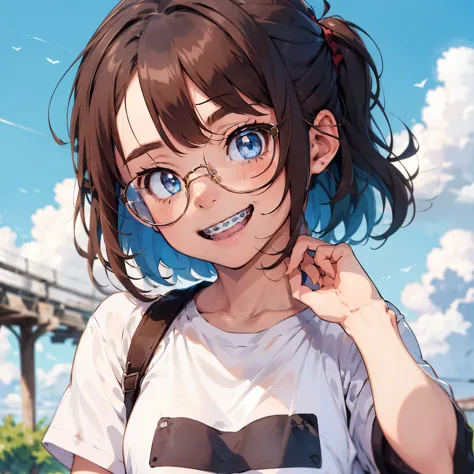 1girl, seductive eyes, braces, glasses, smiling, cute, blue eyes, blush, brown hair, wearing oversized t-shirt, wearing cotton p...