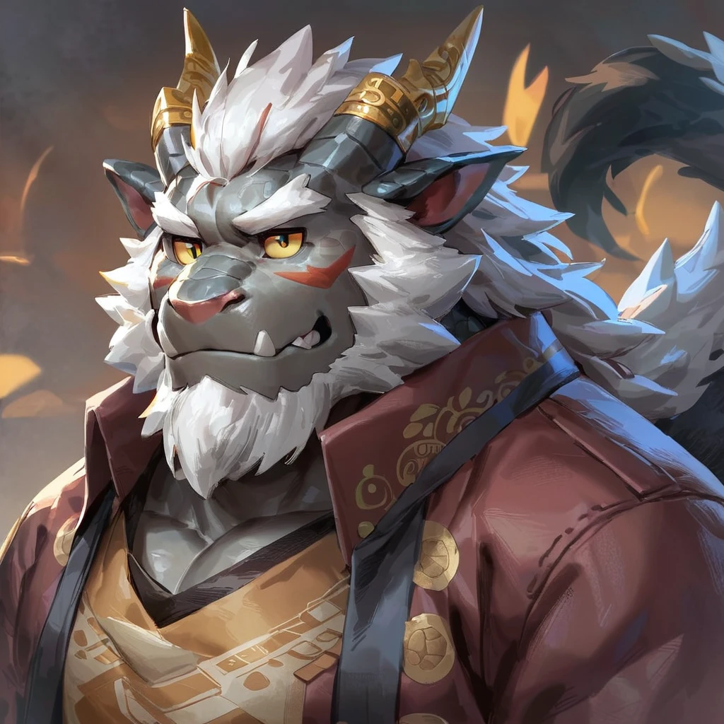 (artist: gamma_g, lindong, null-ghost, dangpa) 1male, sfw, eastern dragon, character design, bara, one fluffy tail, old man, fluffy mane, perfect eyes, grey body, white hair, background, solo, scales, detailed scales, golden decals, casual western clothes, sharp short ears, yellow iris, white sclera, big eyes, white beard, sharp iris, thick thighs, muscular legs, veiny, fluffy hair, detailed face:2.0, one tail, masterpiece:2.0, sharp fang, perfect eyes, chest fluff, (SuperQuality:1.0) ~ (SuperQuality:1.2)