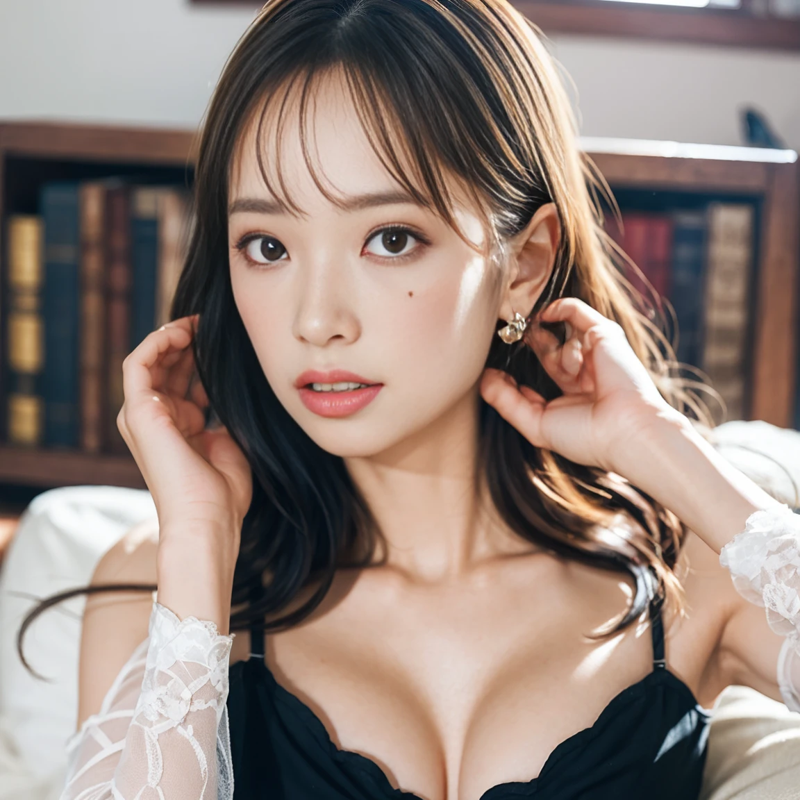 Very detailed CG Unity 8k 壁紙, Highest quality, Very detailed, Tabletop, Realistic, photo-Realistic, Very detailedかわいい女の子, Age 25, whole body, ,Small breasts,black eye,Lingerie