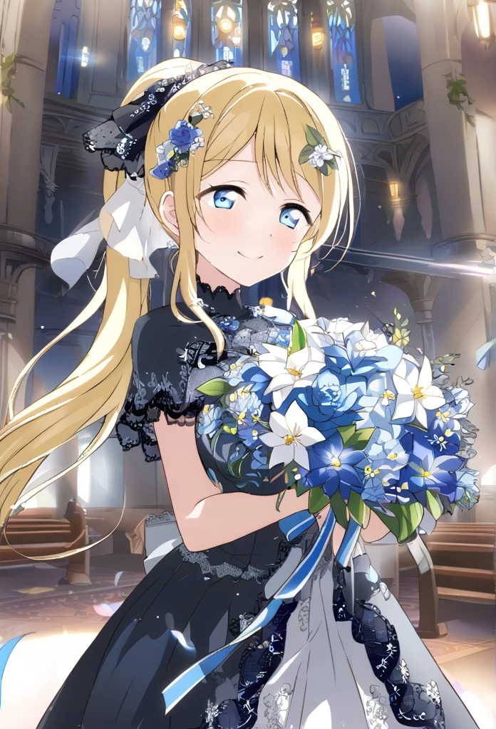 Eri Ayase　Blonde　Light blue eyes　ponytail　Black Wedding Dress　Light blue floral decoration dress　smile　Tears of joy　Huge breasts　church　Shining　Light blue floral hair ornament　Light blue flower bouquet