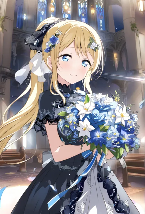 eri ayase　blonde　light blue eyes　ponytail　black wedding dress　light blue floral decoration dress　smile　tears of joy　huge breasts...