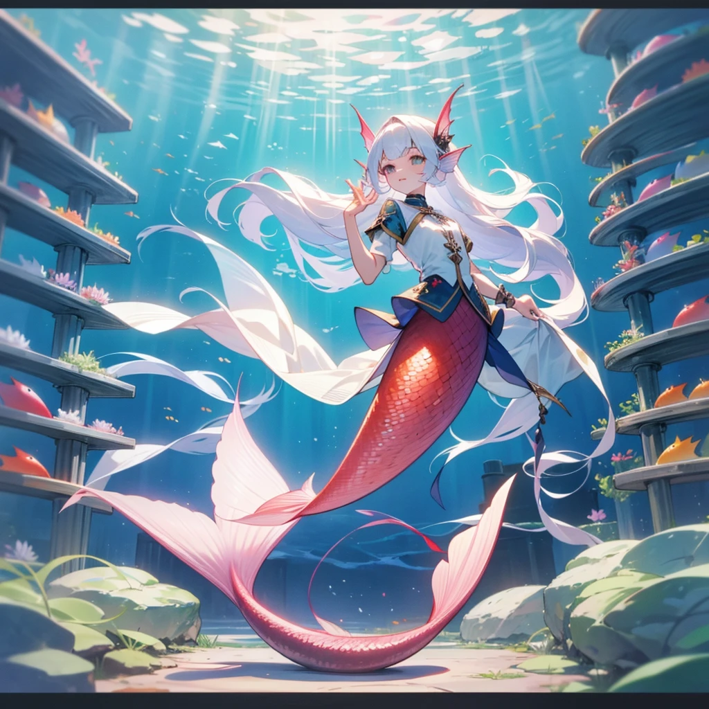 Long white hair, mermaid,long fish tail, aquarium,handucffs on tail hands neck,musuem