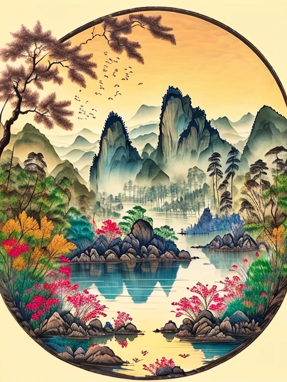 吴冠中ink画，A combination of East and West，ink，ink，Jiangnan Water Town，8K，Super quality，Ultra-realistic，masterpiece，masterpiece，Highest quality, flower園,flower畑,Surreal illustration , Otherworldly, ,Highly detailed and magical lighting, Intricate forest details, Surrounding vegetation and river, Solarpunk ,landscape, , Beautiful foliage with beautiful lighting and realistic proportions, Like a movie background, 8K, Highest quality, masterpiece, 空のcloudと星.baptism,Baptism,Garden of Eden,Colorful,夢のようなlandscape, cloud, light piercing through the cloud, Reflection on the surface of the water, Gentle waterfall,flower々, flower ,Quiet atmosphere, Richness in details, Surreal beauty, Magical Aura, ファンタジーlandscape, High quality digital art, Vibrant colors, Fantastic lighting, Enchanting atmosphere, Artistic Expression, Otherworldly feeling, Beautiful brushwork, Magnificent View, Peaceful tranquility, Immersive Experience, Breathtaking views, Picturesque views, Mysterious charm, Mysterious atmosphere, Nuances, A magical dream. There are no people, Nobody is here