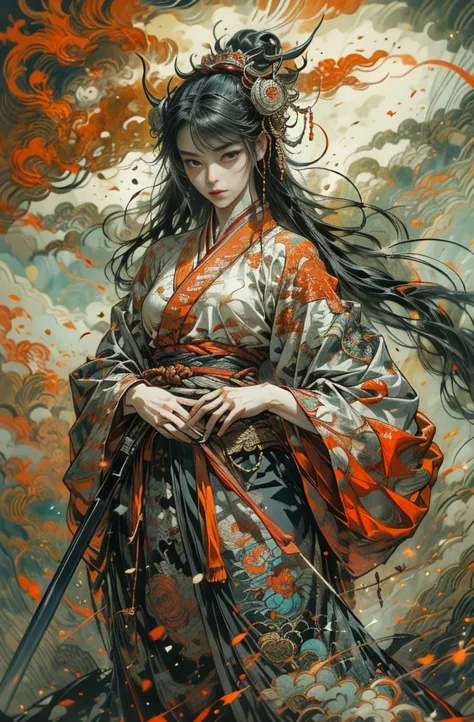 beautiful demon painting, demon woman with a sword, beautiful woman holding a sword, a strong female warrior, female swordsman, ...