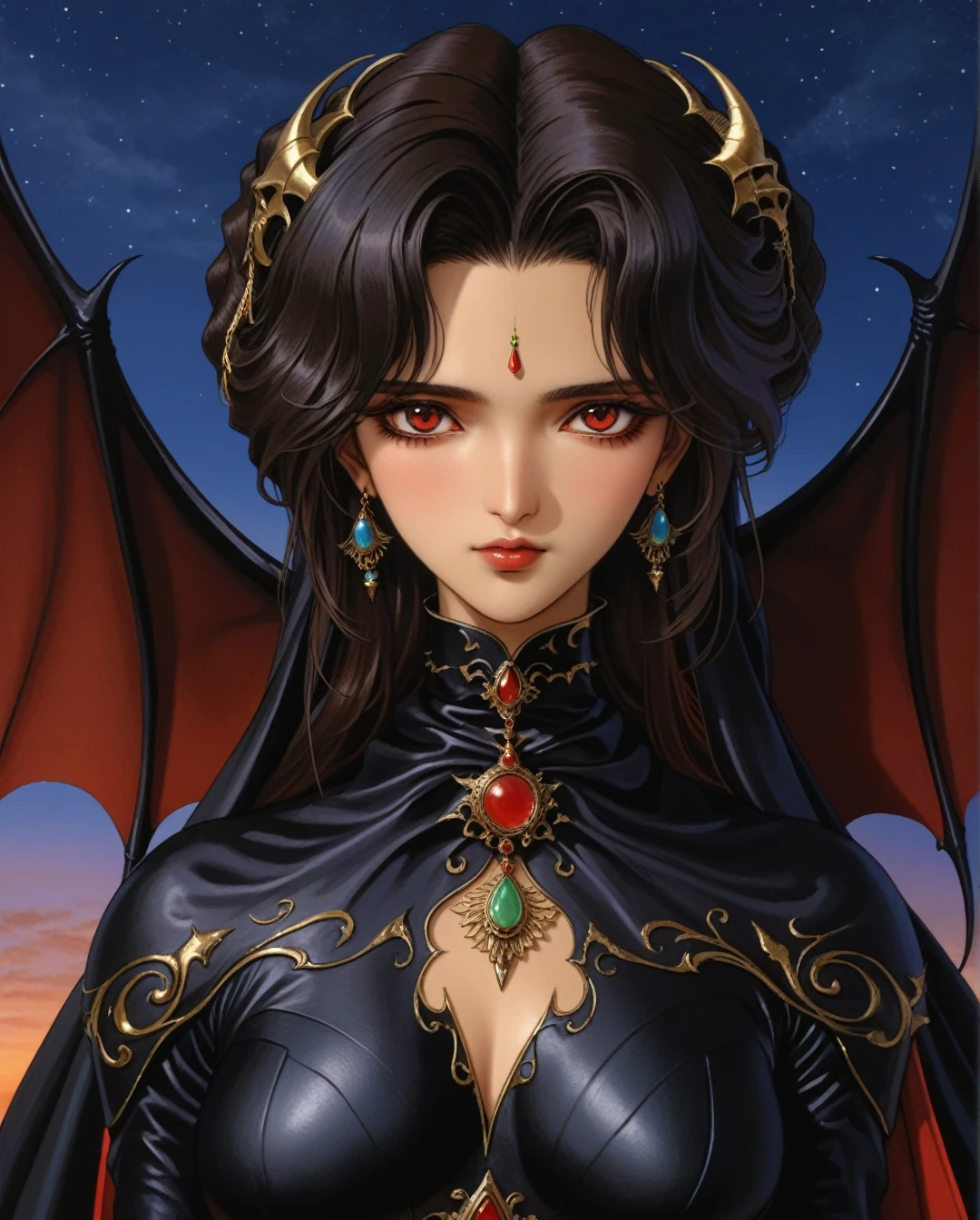 Art style by Akihiro Yamada, Art style by Suehiro Maruo, Art style by Ayami Kojima, (Masterpiece, Top Quality, Super Detail, High Resolution, Best Illustration), Create an awe-inspiring illustration of a beautiful Saudi Arabian Bedouin woman with bat wings, exuding a captivating blend of strength and elegance. She should be dressed in a full-body leather outfit that accentuates her figure, featuring intricate detailing and textures. Her striking red eyes should reflect a sense of power and mystery, while her dark horn adds an edgy fantasy element.Render the scene in the highest quality (8K), ensuring every detail is audaciously represented. The background should complement her presence, perhaps depicting a mystical desert landscape under a starry sky. Utilize advanced techniques akin to 3D animation, employing Unreal Engine and Octane Render for breathtaking realism. Aim for a magnum opus that could serve as an eye-catching wallpaper, inviting viewers into this fantastical world filled with rich textures and vivid colors.