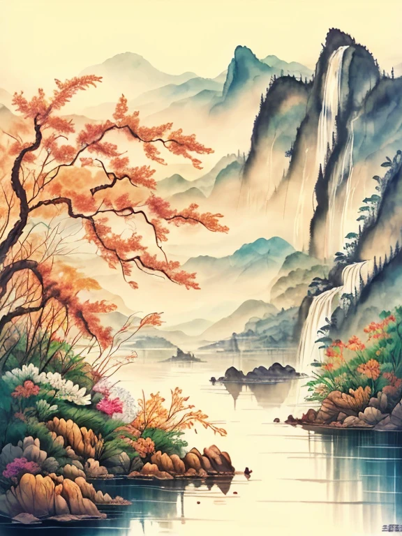 Lacquer painting, Makie, flower園,flower畑,Surreal illustration , Otherworldly, ,Highly detailed and magical lighting, Intricate forest details, Surrounding vegetation and river, Solarpunk ,landscape, , Beautiful foliage with beautiful lighting and realistic proportions, Like a movie background, 8K, Highest quality, masterpiece, 空のcloudと星.baptism,Baptism,Garden of Eden,Colorful,夢のようなlandscape, cloud, light piercing through the cloud, Reflection on the surface of the water, Gentle waterfall,flower々, flower ,Quiet atmosphere, Richness in details, Surreal beauty, Magical Aura, ファンタジーlandscape, High quality digital art, Vibrant colors, Fantastic lighting, Enchanting atmosphere, Artistic Expression, Otherworldly feeling, Beautiful brushwork, Magnificent View, Peaceful tranquility, Immersive Experience, Breathtaking views, Picturesque views, Mysterious charm, Mysterious atmosphere, Nuances, A magical dream. There are no people, Nobody is here