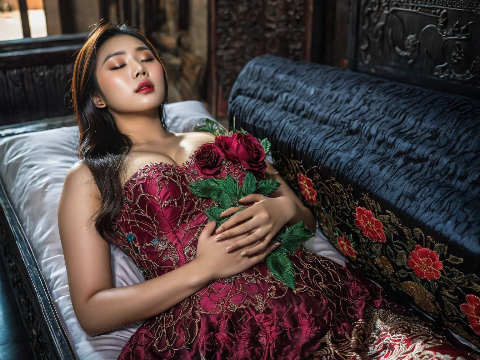 In a striking 8K HDR scene, a stunning Korean woman, 22 years old, lies peacefully in a black coffin surrounded by plush pillows. The deep box is set against a rich black background, accentuating the beauty of the subject. Her exquisite deep-V neckline kebaya attire is embroidered with superb detail, showcasing her round and firm breasts, perfect cleavage, and beautiful eyebrows. Her closed eyes and mouth give an air of serenity, while her visible and absolute cleavage leave nothing to imagination. The scene is bathed in saturated colors, highlighting every intricate aspect from the ball skirt to her clean face, straight body, detailed hand perfect hands, straight body, own hands together, own hand on stomach, detailed hands, perfect hands.