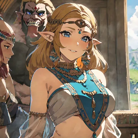 ((Highest quality)), ((masterpiece)), (detailed), （Perfect Face）、The woman is Queen Zelda of the Gerudo tribe, blonde with blue ...