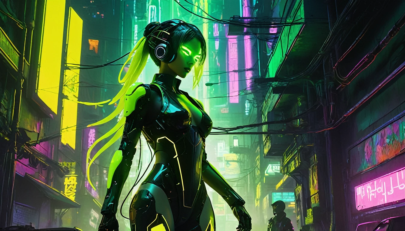 A stunning top-down view of a cyberpunk-style figure dressed in bright green and yellow, with neon lights illuminating the scene. The silhouette of the figure is cast by the imposing shadow of a huge, dystopian robot, creating a dramatic contrast of light and dark. The urban landscape is painted in bright colors, reflecting the futuristic and chaotic world they inhabit.