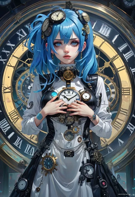 a girl with blue hair and a hair accessory、gothic style body dress、when you gaze into the infinite time、finite time disappears、u...