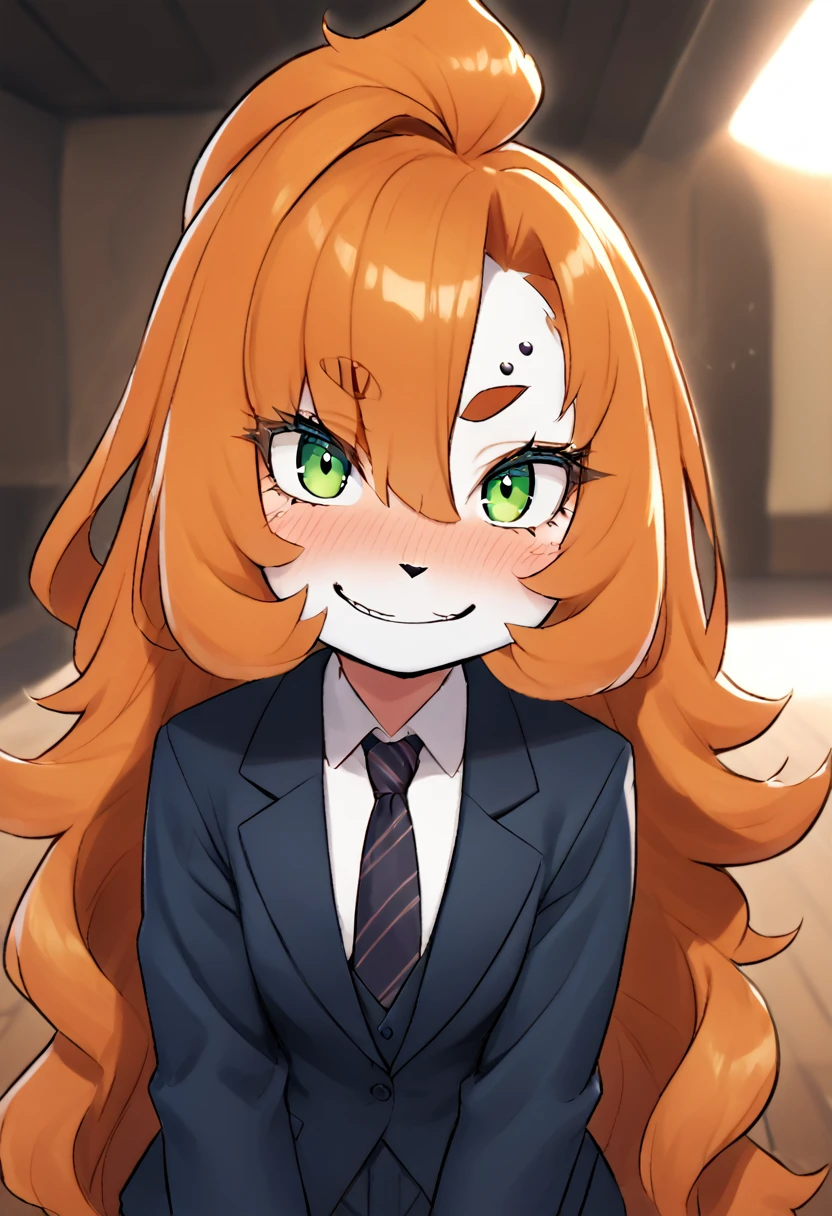 diane foxington, dark blue formal suit, dark vermilion tie, right eyebrow piercing, green eyes, flirtatious smile, blush, perspiration, furry, orange body, eyeliner, long eyelashes, looking at the viewer, affected expression