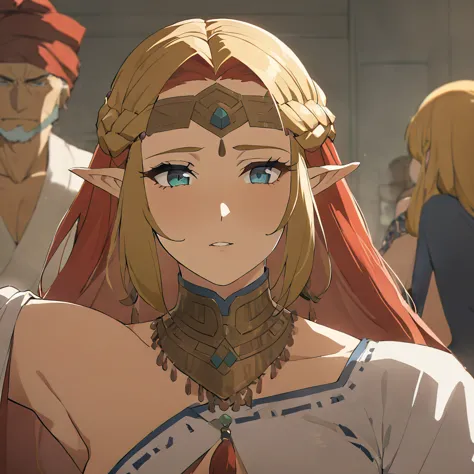 ((Highest quality)), ((masterpiece)), (detailed), （Perfect Face）、The woman is Queen Zelda of the Gerudo tribe, blonde with blue ...