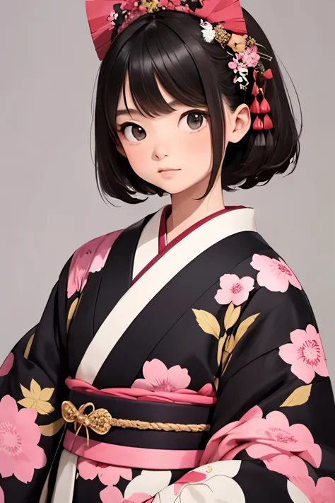 there is nothing, Highest quality, Japanese Girls, 10 years old，pretty girl，Black hair straight，evil girl，Cute kimono