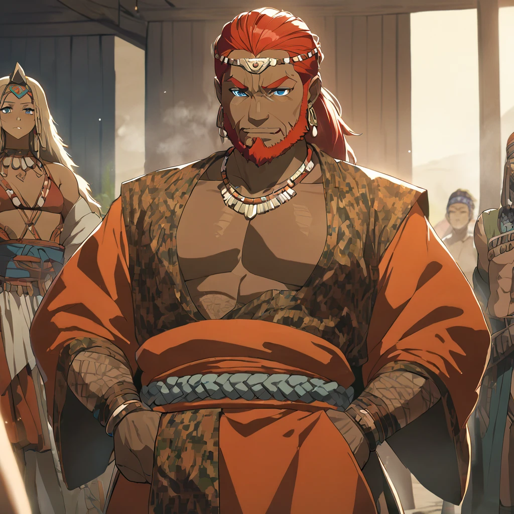 ((Highest quality)), ((masterpiece)), (detailed), （Perfect Face）、The woman is Queen Zelda of the Gerudo tribe, with red hair, blue eyes and brown skin.、The woman is wearing the sexy, see-through traditional costume of the Gerudo tribe.、The woman happily serves King Ganondorf.、The man is King Ganondorf of the Gerudo tribe, a dignified, middle-aged man with a beard, strong red hair and dark skin, and is wearing the traditional Gerudo costume.