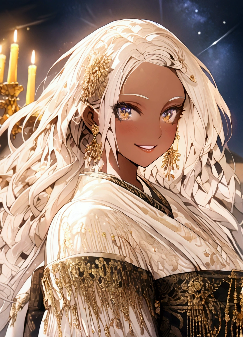 masterpiece,Highest quality,Highest quality,figure,Intricate details,One girl, Brown skin, smile, National costume, ((White Hair)),Curly Hair,
night,Starry Sky, Depth of written boundary, Outdoor,Luxury Arabian palace, gorgeous, anime style, beautifully face, Anatomically correct, Masterpiece, Delicate and detailed, Glow-effect, clear shadow