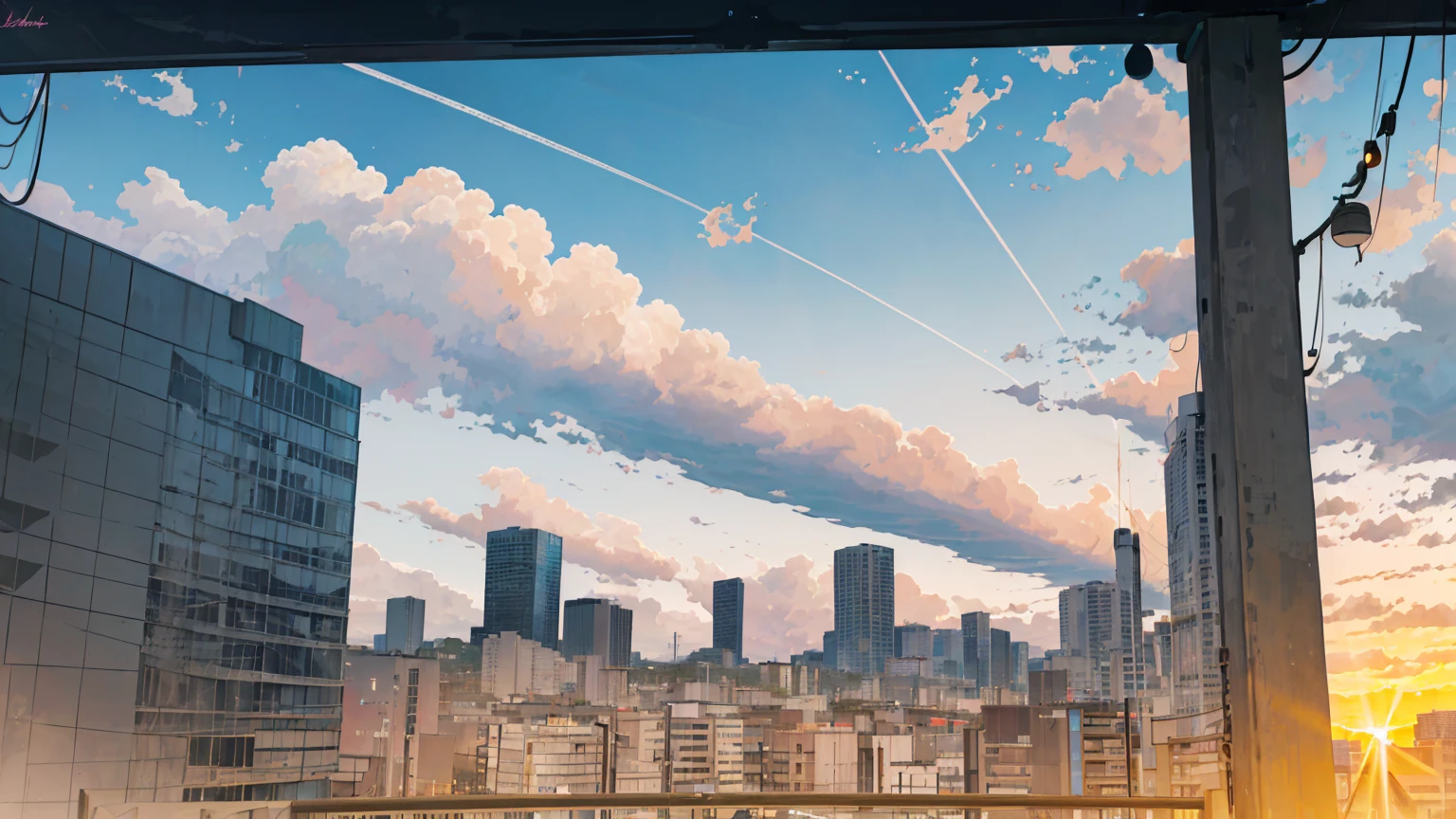 (masterpiece, highest quality:1.2), highest quality, masterpiece, high resolution, anime style, Urban landscape, ultra detailed, landscape illustration, realistic, beautiful cumulonimbus clouds, wide open sky, summer sky, verdant sky, ambiguous boundaries, morning glow, ((Contemporary landscape, Trains running, Buildings in the background, skyscraper)), not a single person, no human, brilliant morning sun, Sunlight leaking through gaps in buildings, The dazzling sun is in the distance