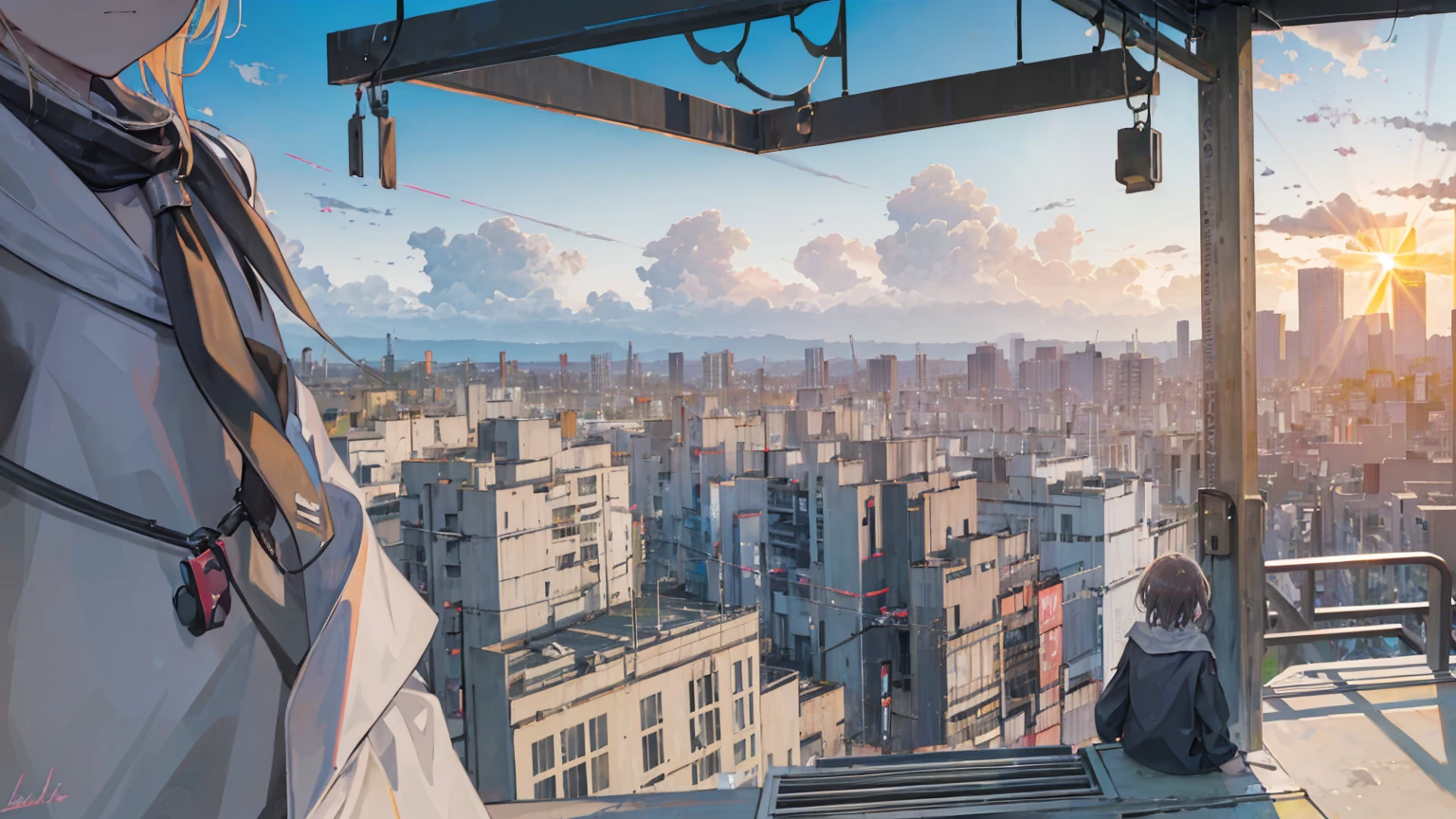 (masterpiece, highest quality:1.2), highest quality, masterpiece, high resolution, anime style, Urban landscape, ultra detailed, landscape illustration, realistic, beautiful cumulonimbus clouds, wide open sky, summer sky, verdant sky, ambiguous boundaries, morning glow, ((Contemporary landscape, Trains running, Buildings in the background, skyscraper)), not a single person, no human, brilliant morning sun, Sunlight leaking through gaps in buildings, The dazzling sun is in the distance