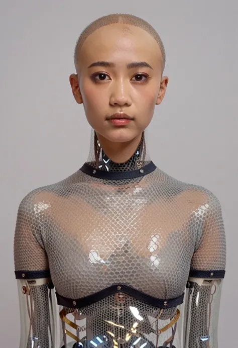 ava, asian portrait, android, transparent skin parts, looking at the viewer, waist, gray bodysuit, bald, score_9, score_8_up, sc...