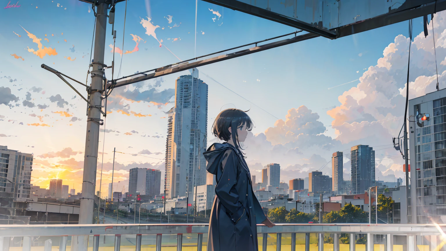 (masterpiece, highest quality:1.2), highest quality, masterpiece, high resolution, anime style, Urban landscape, ultra detailed, landscape illustration, realistic, beautiful cumulonimbus clouds, wide open sky, summer sky, verdant sky, ambiguous boundaries, morning glow, ((Contemporary landscape, Trains running, Buildings in the background, skyscraper)), not a single person, no human, brilliant morning sun, Sunlight leaking through gaps in buildings, The dazzling sun is in the distance