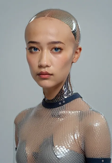 ava, asian portrait with blue eyes, android, transparent skin parts, looking at the viewer, waist, gray bodysuit, bald, score_9,...