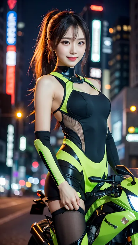 Glowing Korean beauty with cybernetic arm,(Transparent and revealing clothing:1.3, ),(Cyber Girl is、Ride through a futuristic ci...