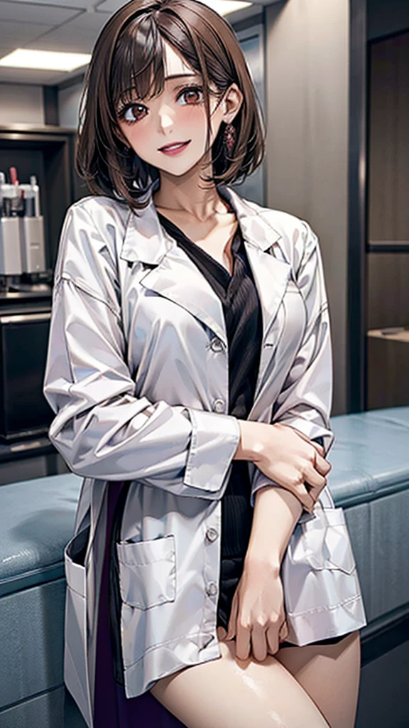 ((masterpiece, best quality, high quality)),1 girl, (Lower Body, hospital), (doctor_, lab coat,, doctor),breast，Lipstick，Smile，Brown eyes，Black short hair，There is no sea left in front of the forehead