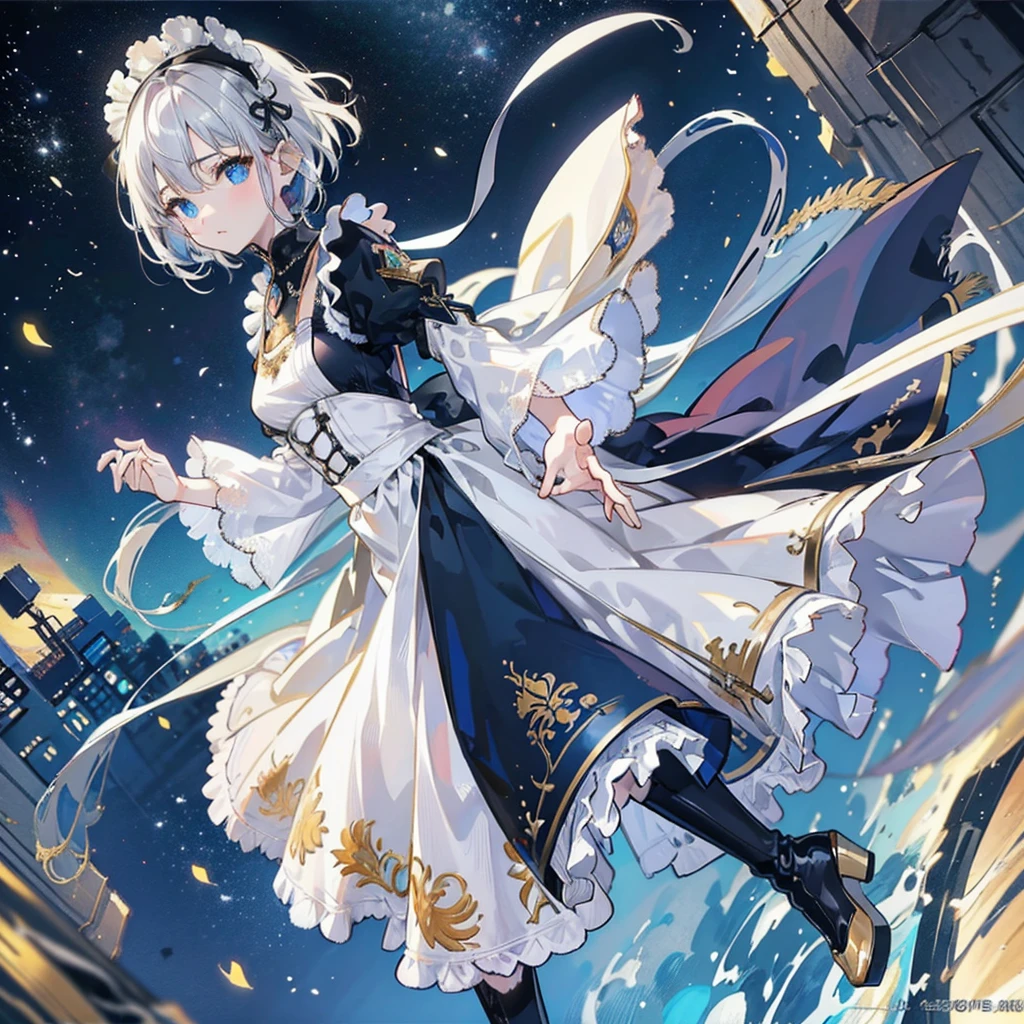 (masterpiece:1.6, Highest quality), (Fine and beautiful eyes: 1.2), Fiami, Yaminor, Ranpura, One girl, Flower Field, White Dress, planet, Starry Sky, petal, scenery, Floating Hair, night, No sleeve, Sun skirt, No sleeve dress, Illustration of one person, Dengeki Bunko, Woman Looking Back, Perfect Human Medicine, Woman keeps falling, {{{{{Maid clothes}}}}},Small Tits,anime, Two legs, Cool,{{{{{50 year old woman}}}}} ,{{{{{a person is depicted}}}}},(Official Art、{{{{{Upper Bodyアングル}}}}},Highest quality、Unity 8k wallpaper、32k、masterpiece、Ultra-detailed、Ultra-high resolution, Realistic、Grab your hair with your hands, Photorealistic:1.2)、(Cinema Lighting:1.2)、,Fire Glow Effect、The most grainy shadows on the film、Rim Light、Side light、Side Shot、(Ultra-detailedで複雑な3Dレンダリング)、Very short hair, Short wolf hair,細部までBeautiful Faceと目、Sharp pupils、Realistic生徒、Slender、Highly detailed background、Beautiful Face、Beautiful 16 year old girl、(Ultra-detailedなスキン、Detailed skin texture:1.Silver Hair:1.3)、Blunt bangs、blue eyes、{{{{{黒いMaid clothes}}}}}、White apron costume、Black knee socks、(Thighs Thighs Thighs Thighs:0.8)、Dancing on the Tower Roof、(avert your eyes、Overlooking the city:1.3)、Fantastic、Close your mouth and bite, Makes your face smaller, (Tabletop), Highest quality, Perfect Face, 1 Girl, alone, Eye color is light blue, Hair between the eyes, Very Short Hair, blue eyes, Silver Hair, Knee-high boots, corset,Black gloves, Long sleeve, Upper Body, Light and multiple flying birds,