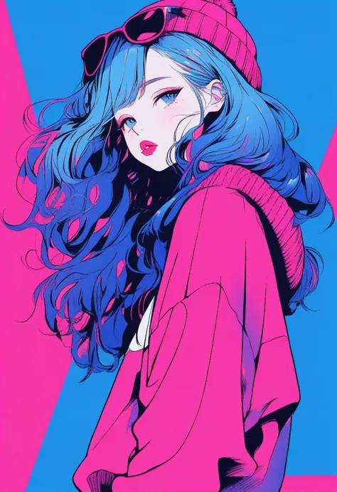 Illustrator, Japanese cartoons , Practical ,sketch , 1 girl, ,Lips, sweater,Order, Blue gradient background, Neon hair,Texture d...