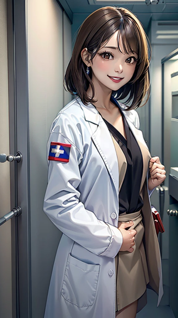 ((masterpiece, best quality, high quality)),1 girl, (Lower Body, hospital), (doctor_, lab coat,, doctor),breast，Lipstick，Smile，Brown eyes，Black short hair，There is no sea left in front of the forehead