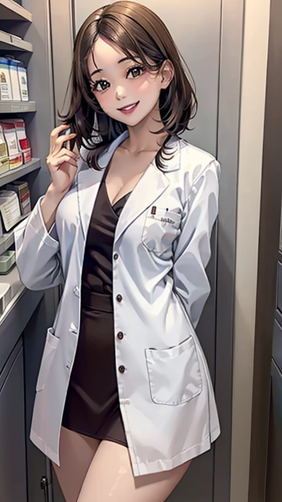 ((masterpiece, best quality, high quality)),1 girl, (Lower Body, hospital), (doctor_, lab coat,, doctor),breast，Lipstick，Smile，Brown eyes，Black short hair，There is no sea left in front of the forehead