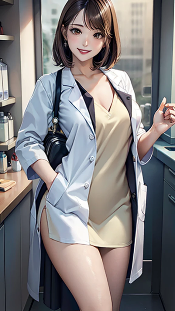 ((masterpiece, best quality, high quality)),1 girl, (Lower Body, hospital), (doctor_, lab coat,, doctor),breast，Lipstick，Smile，Brown eyes，Black short hair，There is no sea left in front of the forehead