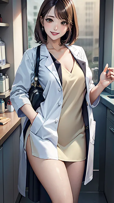 ((masterpiece, best quality, high quality)),1 girl, (Lower Body, hospital), (doctor_, lab coat,, doctor),breast，Lipstick，Smile，B...