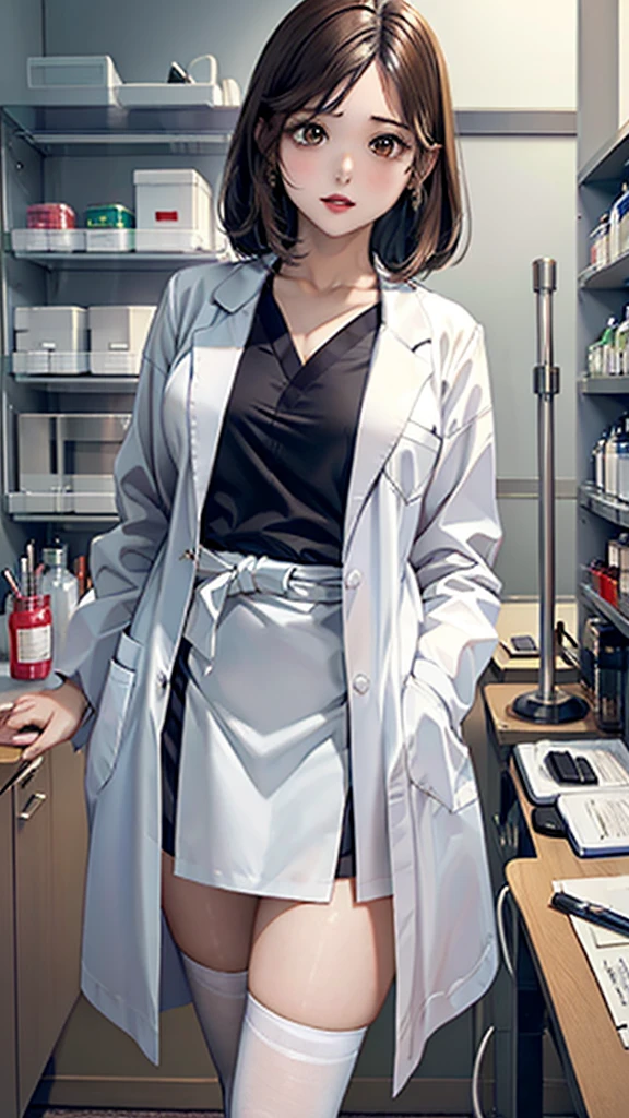 ((masterpiece, best quality, high quality)),1 girl, (Lower Body, hospital), (doctor_, lab coat,, doctor),breast，Lipstick，Brown eyes，Black short hair，There is no sea left in front of the forehead，stockings