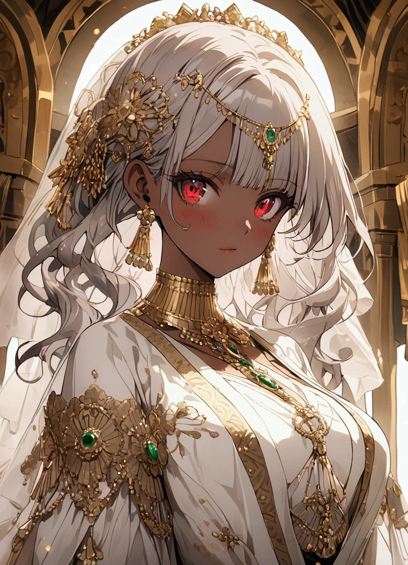 masterpiece,Highest quality,Highest quality,shape,Intricate details,One Girl, Brown Skin, National costume, ((Gray Hair)),Curly Hair,
Red eyes, Written boundary depth, Luxurious Arabian palace, Nice, Anime Style, Beautify your face, Anatomically correct, whole, Glow effect, Clear Shadows