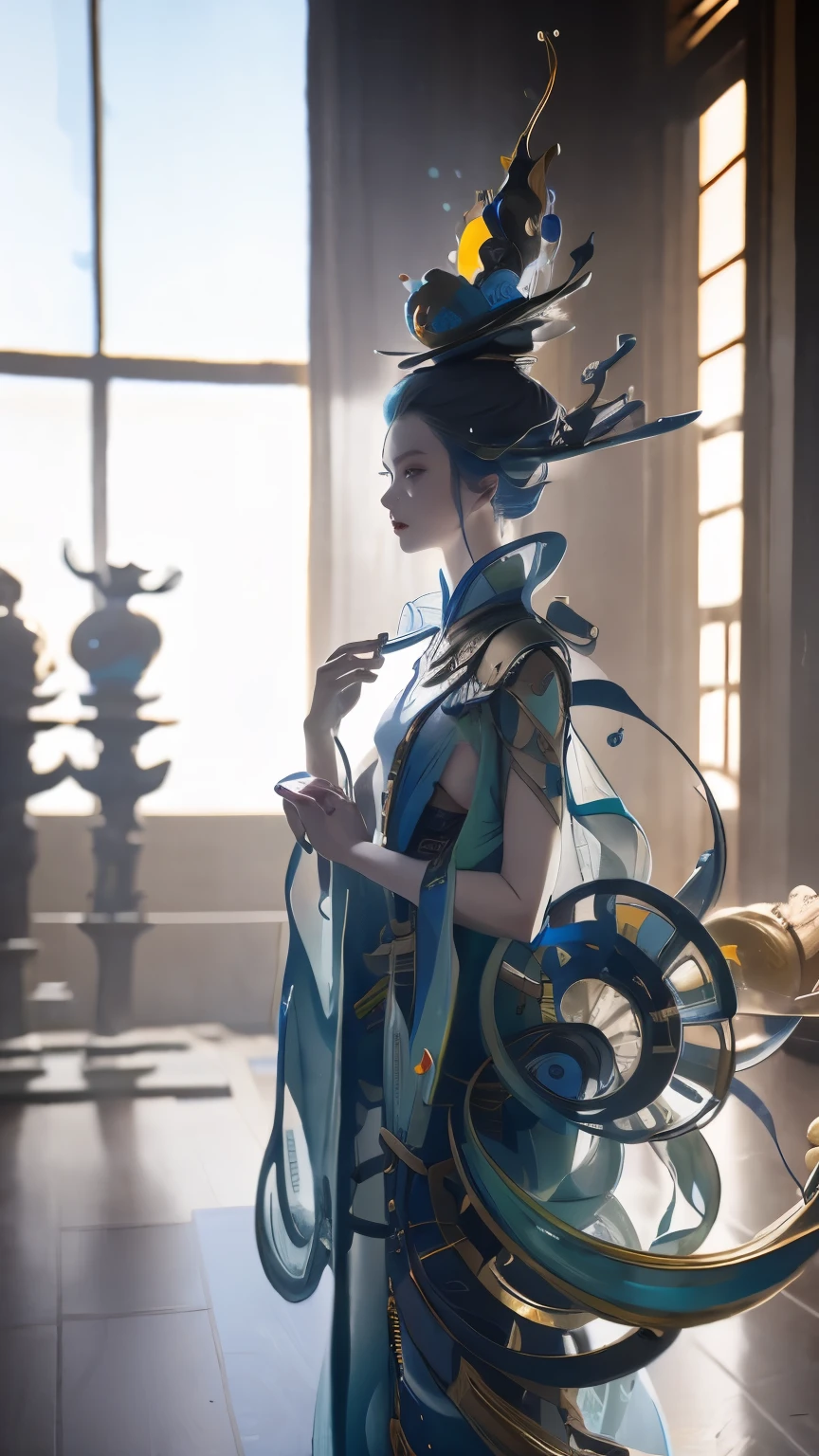 A woman stands in a room，There are many alien statues in the room, Elle Fanning plays, 2 0 2 1 4k frame grab, james jean and fenghua zhong, Ishioka Eiko, Promotional stills, porcelain, bark, Machinery--ar 16:9  