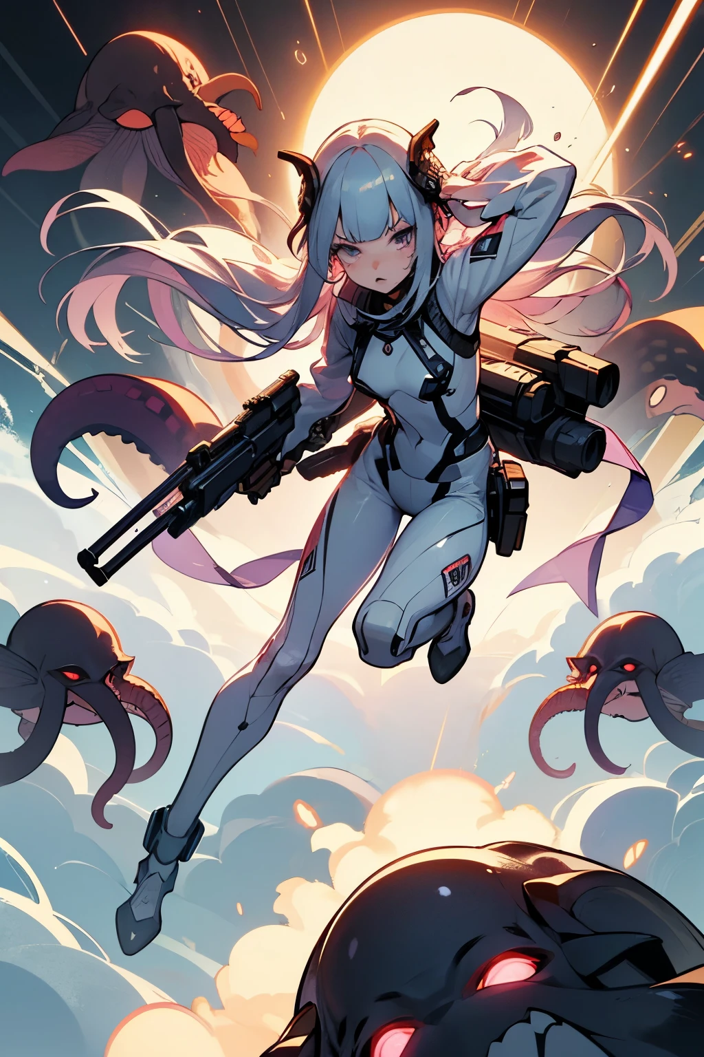 (Ultra-detailed face, roar, shout), (Full body, A young-aged woman with silver hair, blunt bangs, very long disheveled hair, and lavender eyes), (She wears a white combat suit with futuristic geometric patterns, a headset with a microphone, and a laser gun), BREAK (She roars, screams, and boldly fires her laser gun at a multitude of octopus aliens and glowing Adamski UFOs), BREAK (In the background, an army of ferocious octopus aliens, burning, smoking, destroyed buildings, and UFOs fly by)