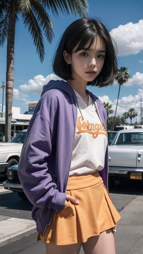 (medium long shot portrait) of cute 23 yo girl ,wear ((orange color oversized_hoodie)), wear ((purple tennis skirt)),looking fro...