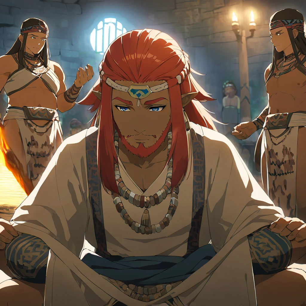 ((Highest quality)), ((masterpiece)), (detailed), （Perfect Face）、The woman is Queen Zelda of the Gerudo tribe, with red hair, blue eyes and brown skin.、The woman is wearing the sexy, see-through traditional costume of the Gerudo tribe.、The woman happily serves King Ganondorf.、The man is King Ganondorf of the Gerudo tribe, a dignified, middle-aged man with a beard, strong red hair and dark skin, and is wearing the traditional Gerudo costume.