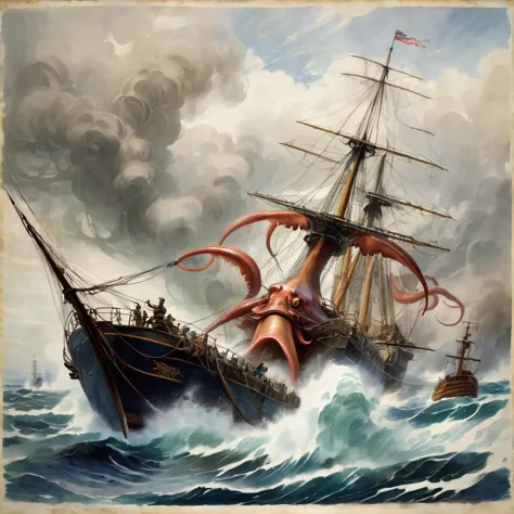
Ancient giant squid fights against naval opponents in the raging seas