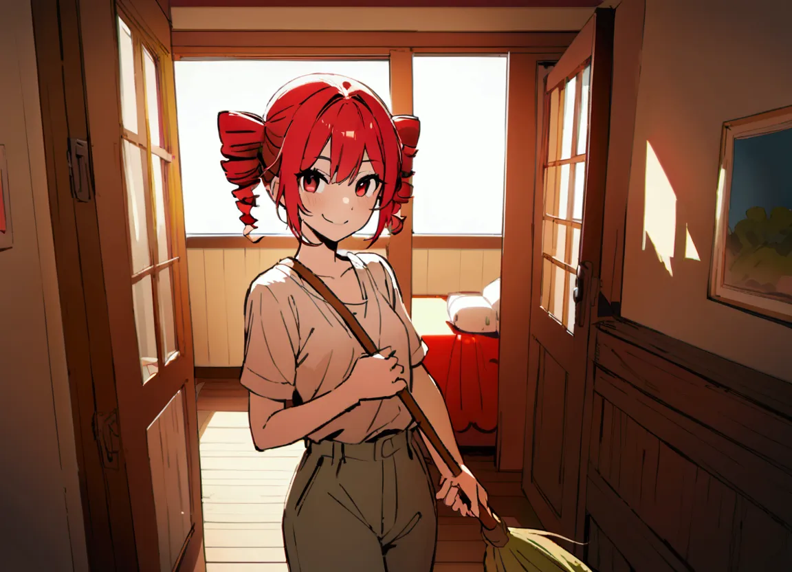 red hair, smiling, holding broom, in room,